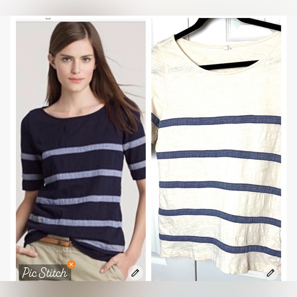 J.CREW ChambrayStriped Textured Slub Tee T-Shirt Top Blouse Ivory Blue Boat Neck - Picture 2 of 9